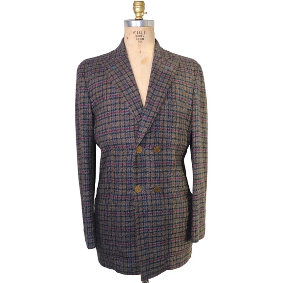 Vintage Mens Bespoke Checked Handwoven Donegal Tweed Wool Double Breasted Jacket - Picture 1 of 14